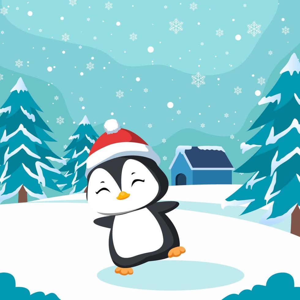 mignon pingouin de noël en illustration d'hiver vecteur