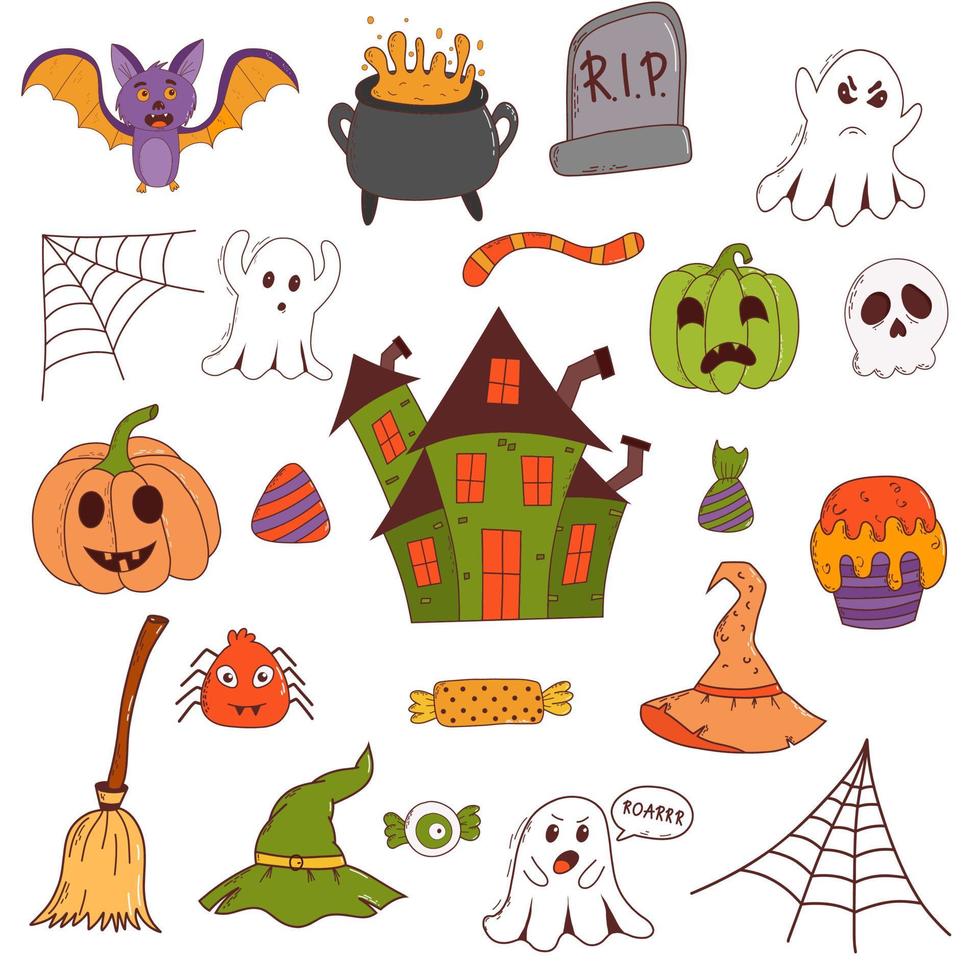 citrouille d'halloween drôle, fantôme, chapeau de sorcière, chauve-souris, bonbons, araignée, balai. concept de truc ou de friandise. illustration vectorielle dans un style dessiné à la main vecteur