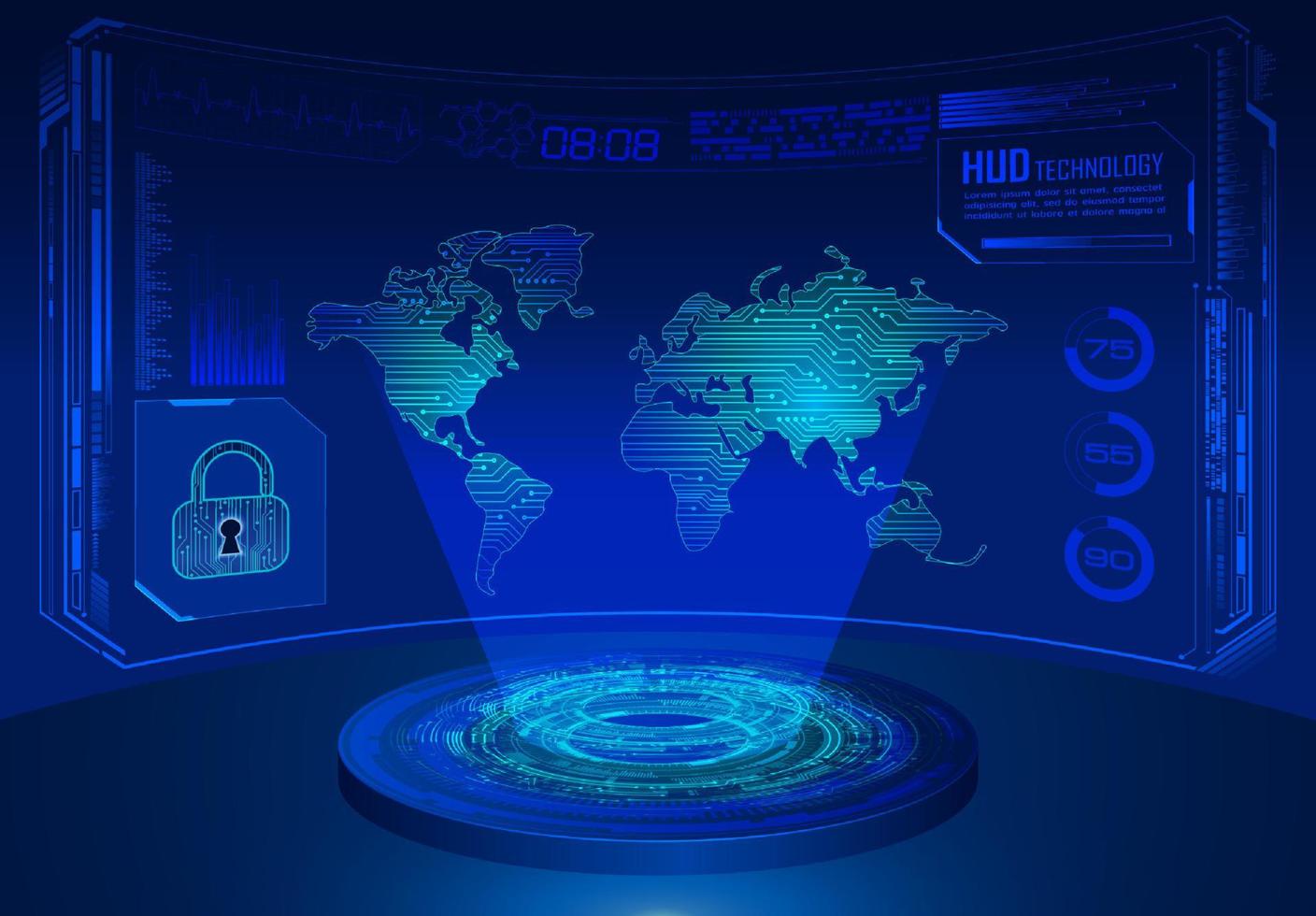 projecteur holographique de carte du monde moderne sur fond de technologie vecteur