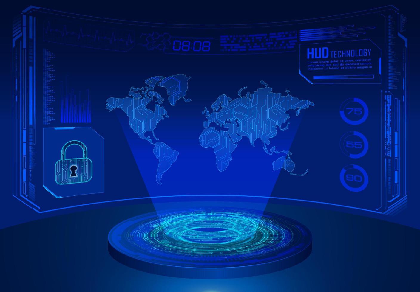 projecteur holographique de carte du monde moderne sur fond de technologie vecteur