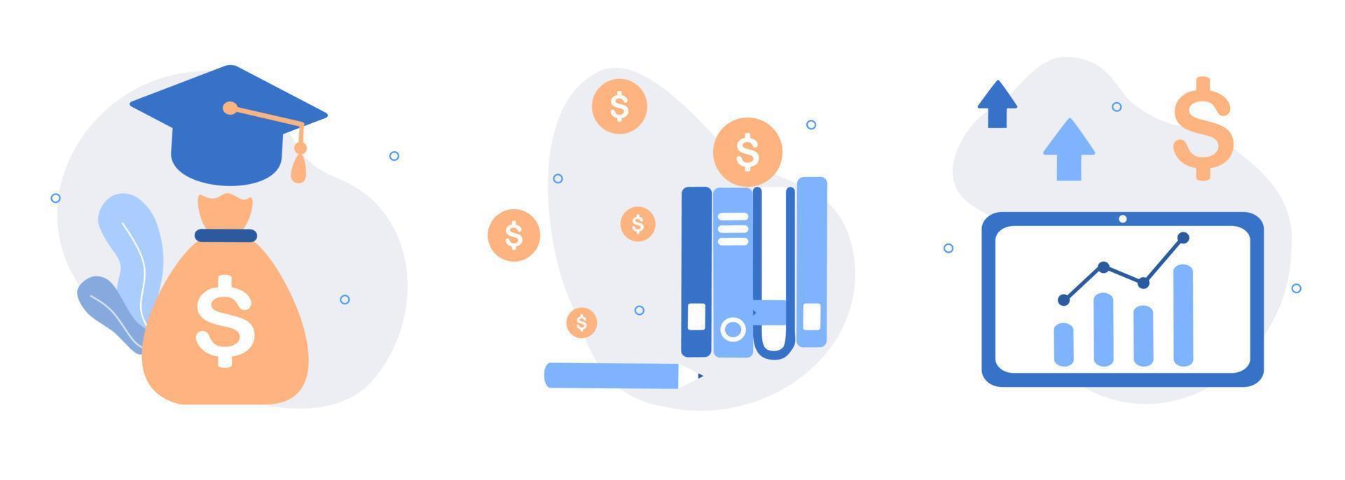 ensemble d'illustrations d'éducation financière. investir de l'argent dans l'éducation, le développement personnel et la connaissance. gestion des finances personnelles et concept de littératie financière. illustration vectorielle web plat. vecteur