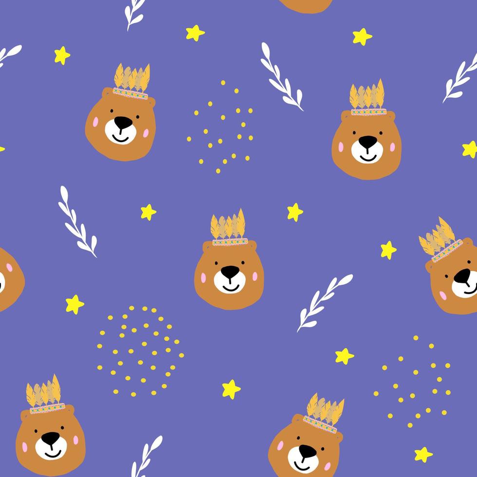 joli motif harmonieux avec ours brun sauvage et éléments abstraits simples sur fond violet, impression d'enfants avec peluche pour tissu, textile, literie, illustration pour papier peint, baby shower, conception de crèche vecteur