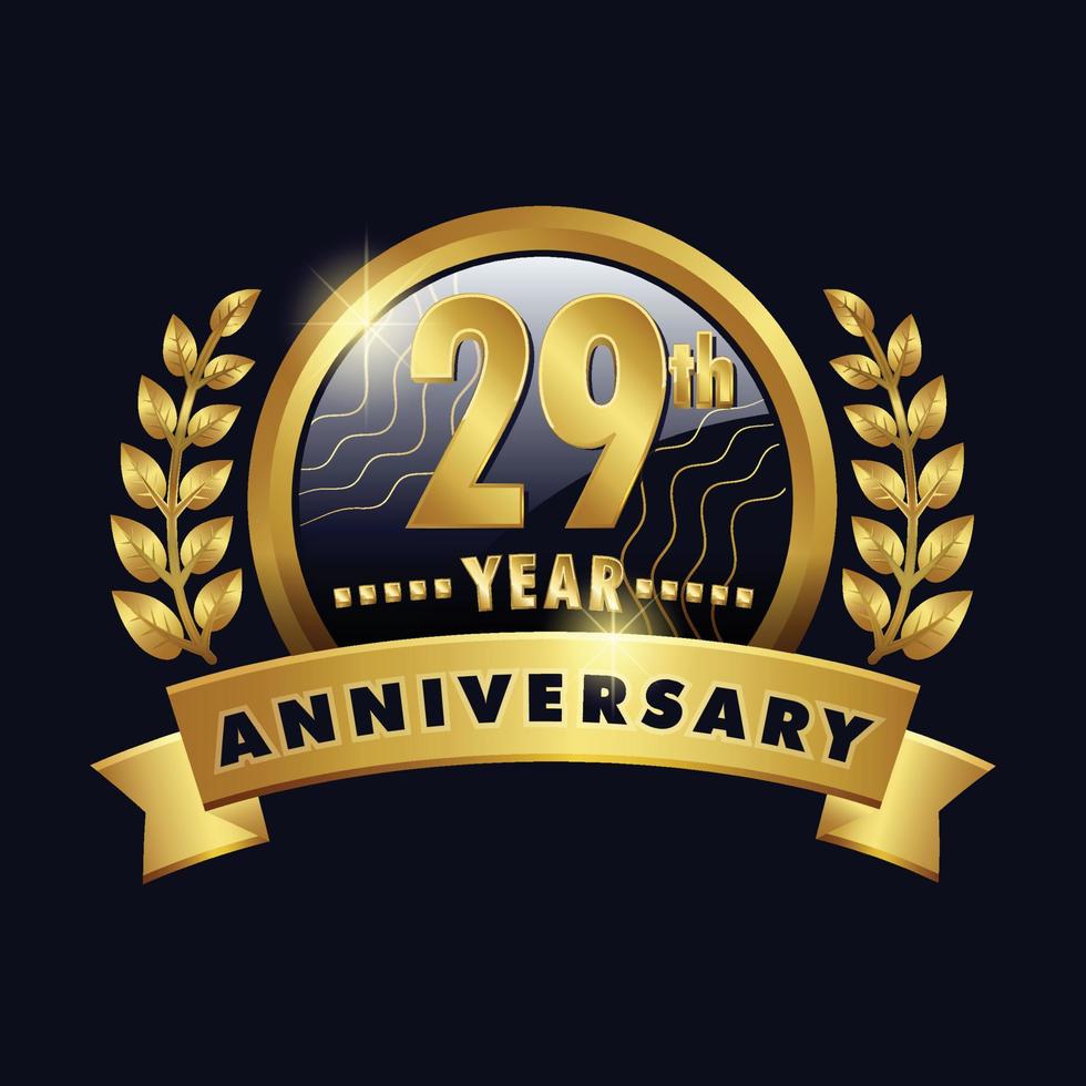 Logo doré du 29e anniversaire insigne de vingt-neuf ans avec ruban numéro 29, conception de vecteur de couronne de laurier
