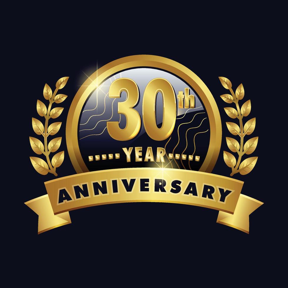 30e anniversaire logo doré insigne de la trentième année avec ruban numéro trente, conception de vecteur de couronne de laurier