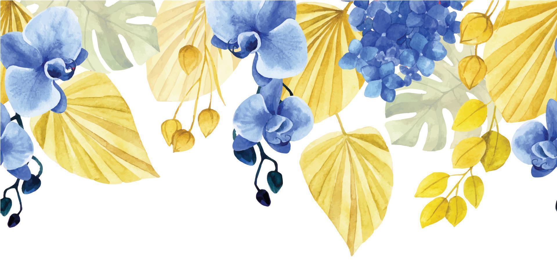 motif aquarelle, bordure transparente, cadre de feuilles tropicales sèches et de fleurs de style bohème. fleurs séchées, feuilles de palmier, orchidée bleue vecteur