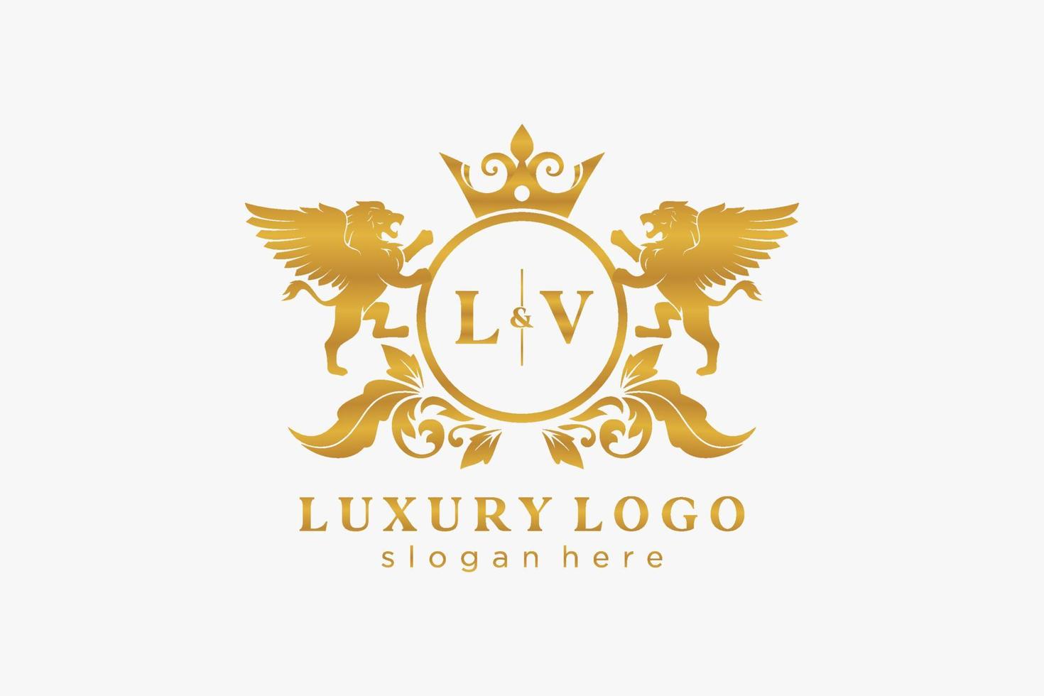 modèle initial de logo de luxe lv lettre lion royal dans l'art vectoriel pour le restaurant, la royauté, la boutique, le café, l'hôtel, l'héraldique, les bijoux, la mode et d'autres illustrations vectorielles.