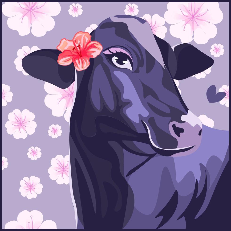 vache violette avec une fleur d'hibiscus sur son oreille vecteur