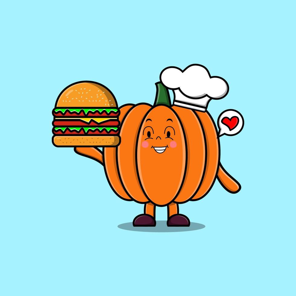 personnage de chef citrouille dessin animé mignon tenant burger vecteur