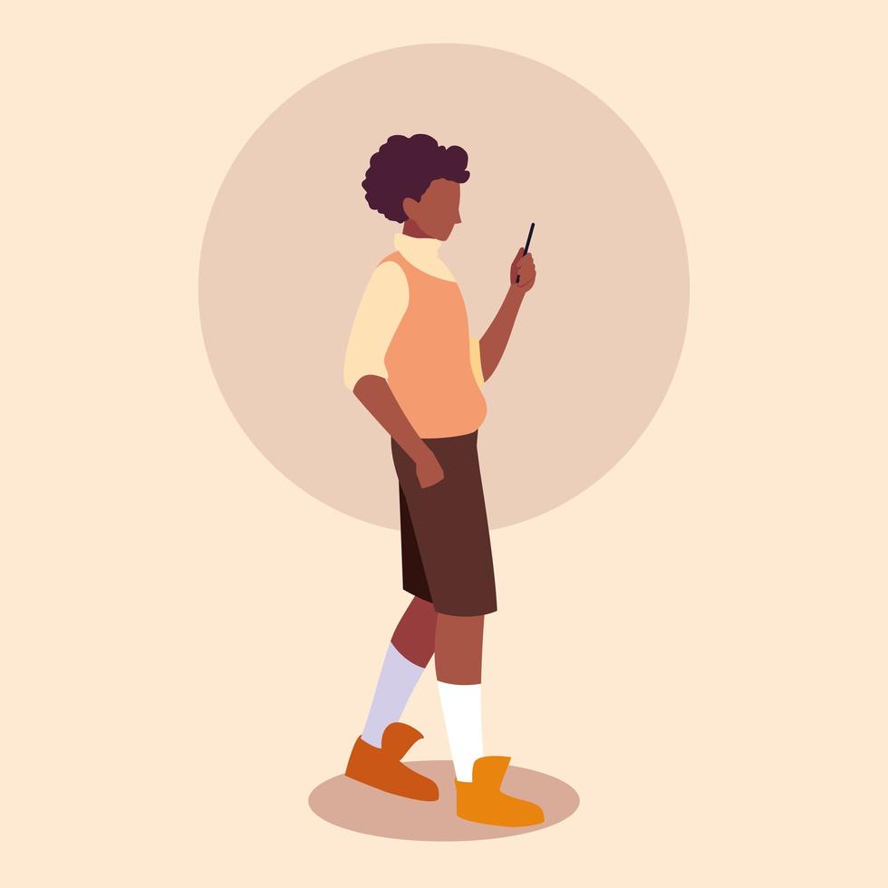 jeune homme afro à l'aide d'un smartphone vecteur