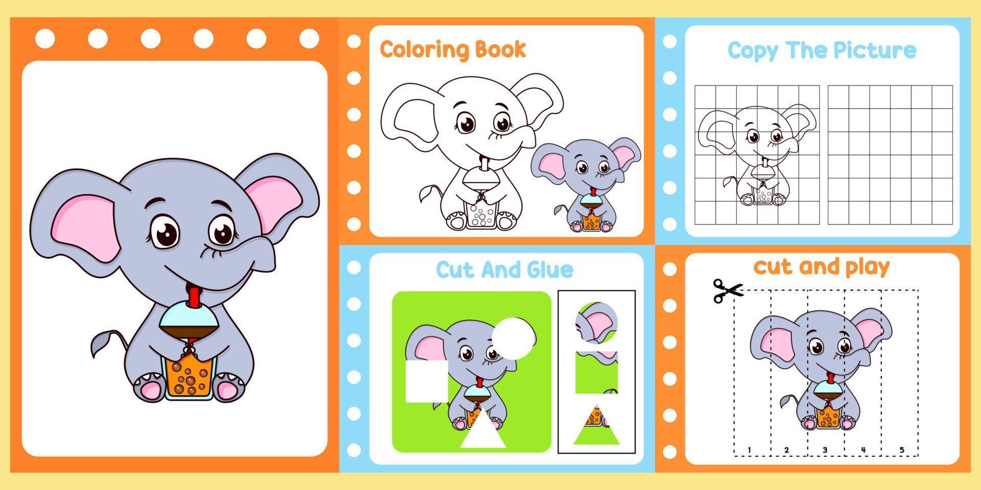 pack de feuilles de calcul pour les enfants avec le vecteur d'éléphant. livre d'étude pour enfants