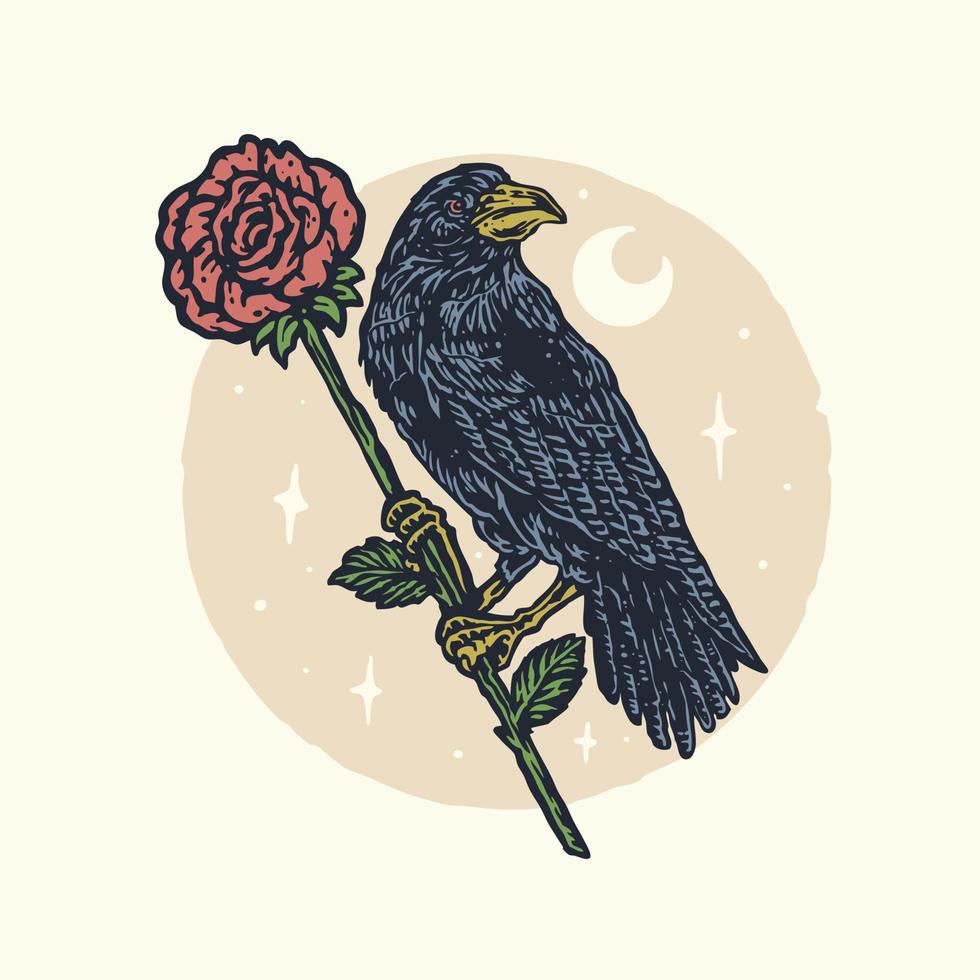 corbeau et les roses vintage illustration dessinée à la main vecteur