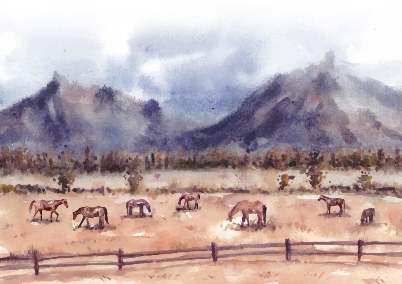 chevaux dans l'aquarelle de paysage de savane vecteur