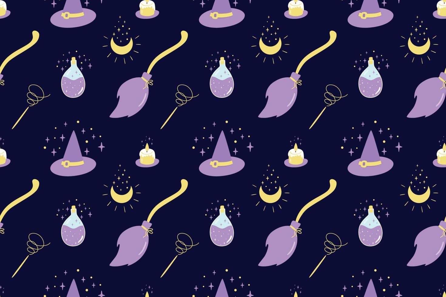 modèle sans couture de balai de sorcière. éléments magiques de lune de sorcière pour les sorcières à l'école de magie. fond sombre violet joli balai volant, étoiles, lune, bouteille de potion, bougie, chapeau magique. illustration vectorielle. vecteur