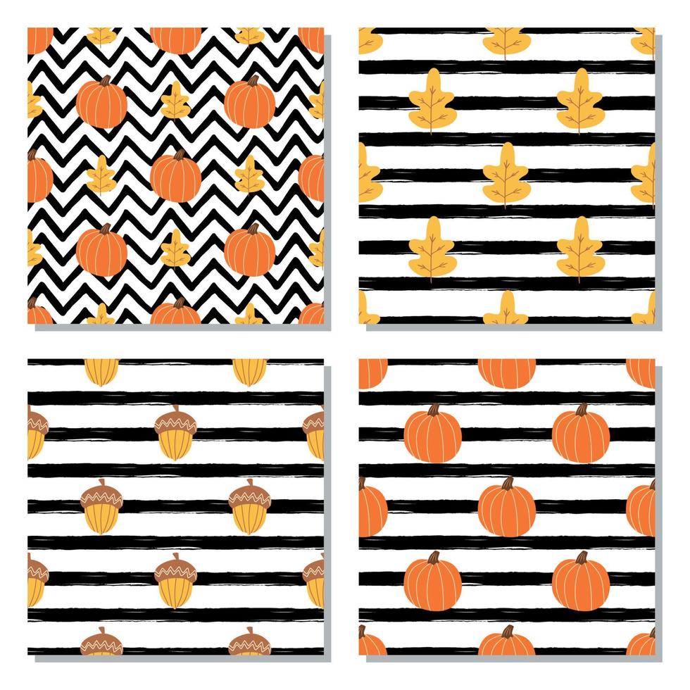 ensemble de motifs de citrouille. citrouille orange sur lignes noires, fond en zigzag. modèles sans couture simples d'halloween, citrouille d'automne, texture d'automne. jolie impression de jour de thanksgiving, papier peint. illustration vectorielle. vecteur