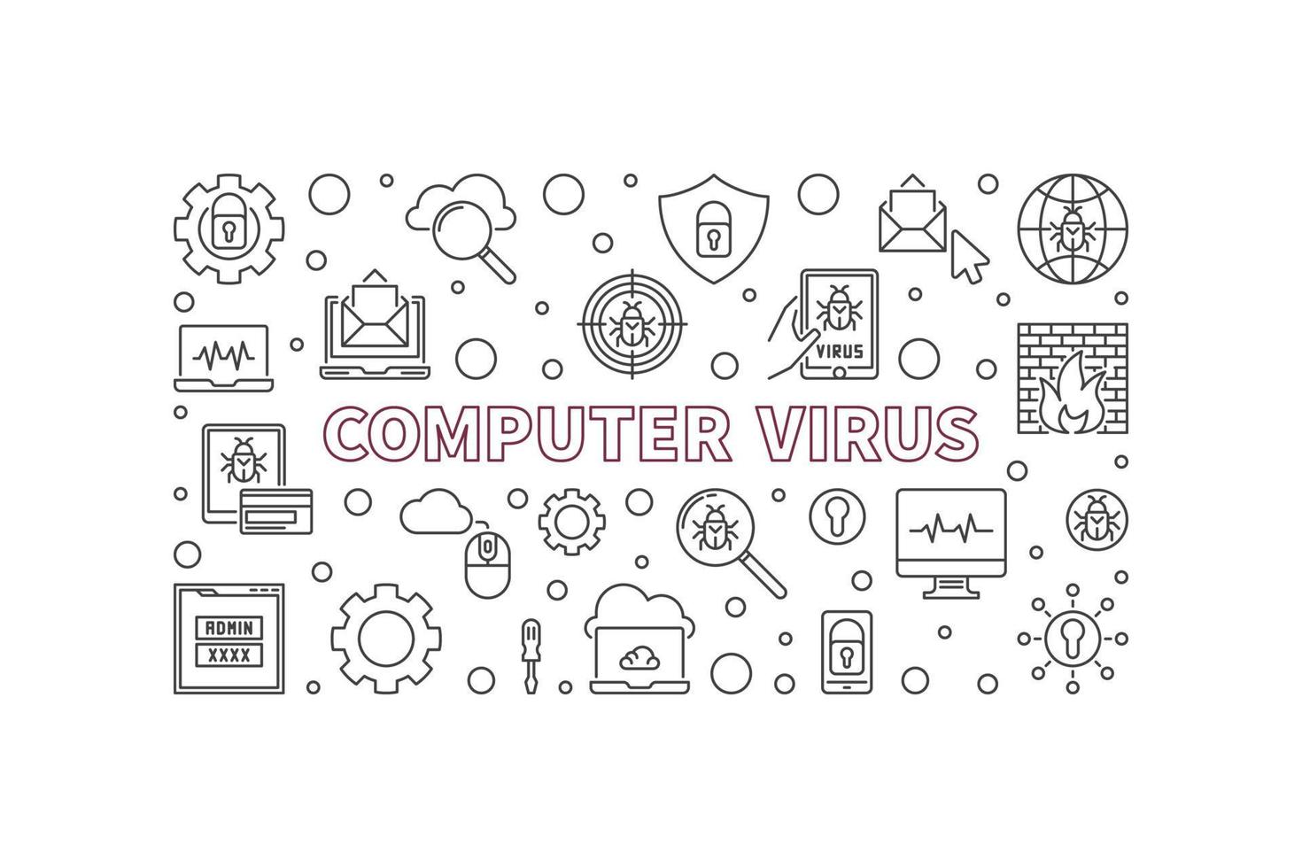 bannière de ligne horizontale de concept de virus informatique de vecteur