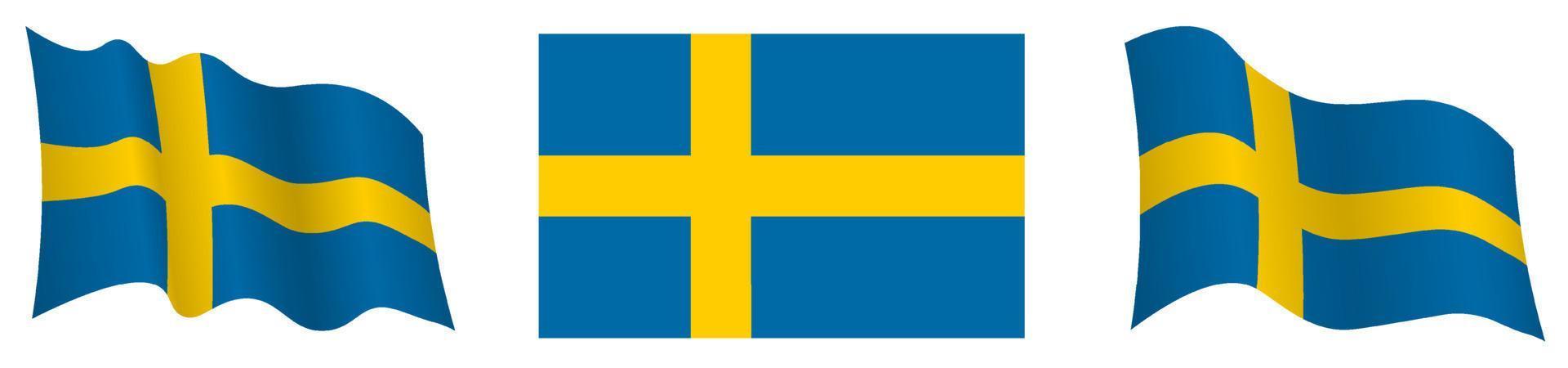 drapeau suédois en position statique et en mouvement, se développant au vent dans des couleurs et des tailles exactes, sur fond blanc vecteur