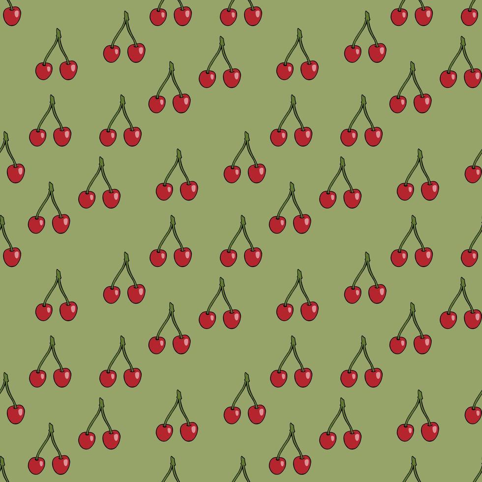 modèle sans couture avec des cerises simples sur fond vert. image vectorielle. vecteur