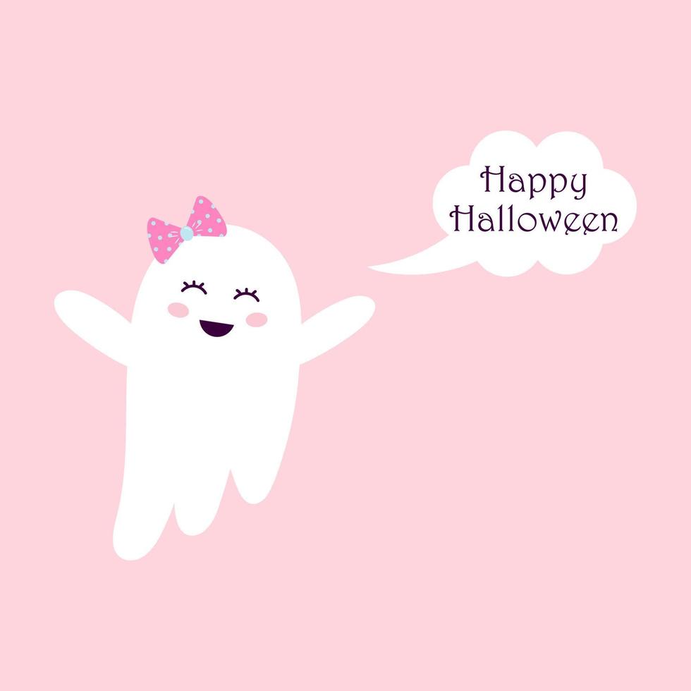 un fantôme mignon avec un arc de cheveux vole. bulle. Joyeux Halloween. carte d'halloween. vecteur