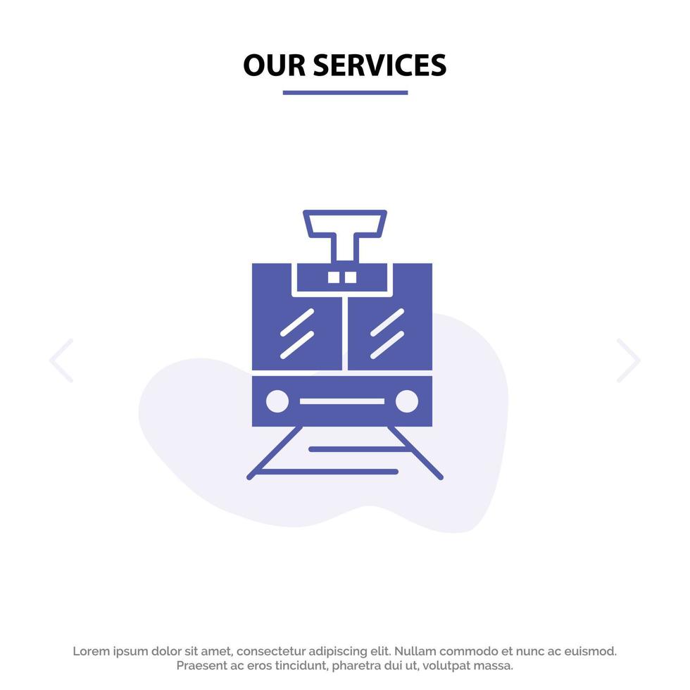 nos services train véhicule de service public icône de glyphe solide modèle de carte web vecteur