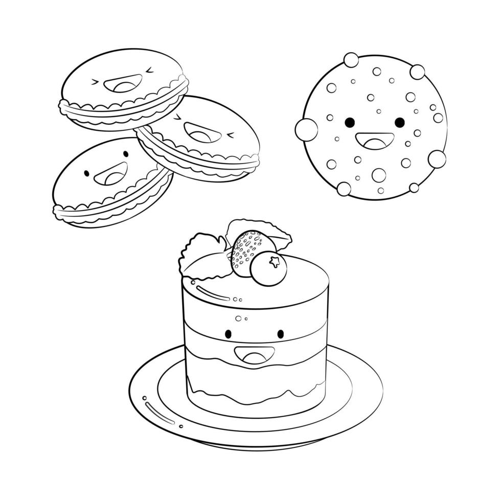 dessin de contour de biscuits, macarons, gâteau décoré de baies. illustration mignonne d'icône vectorielle illustration mignonne d'icône vectorielle en noir et blanc. logos de dessin animé kawaii autocollant. notion de desserts. vecteur