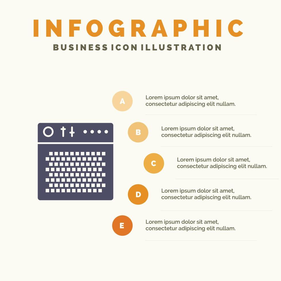 amplificateur appareil audio multimédia portable solide icône infographie 5 étapes présentation arrière-plan vecteur