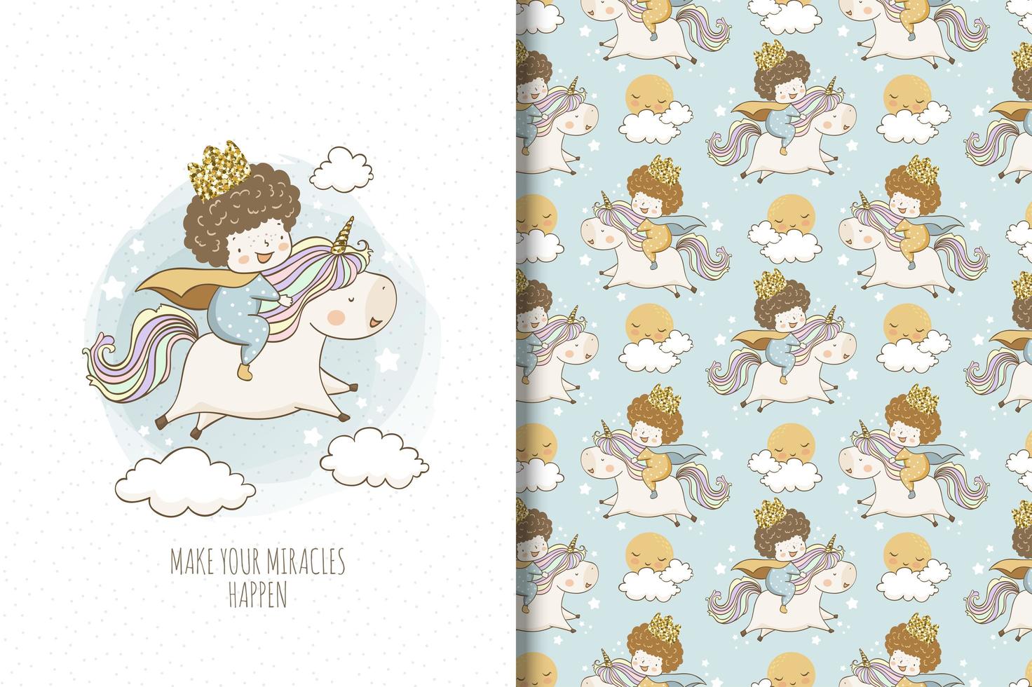 joli prince chevauche une licorne en dessin et motif de nuages vecteur