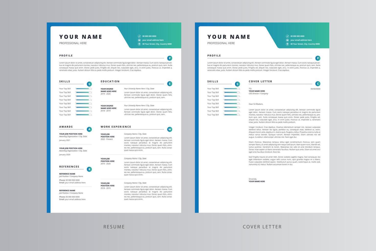 CV moderne ou modèle de CV et lettre de motivation vecteur