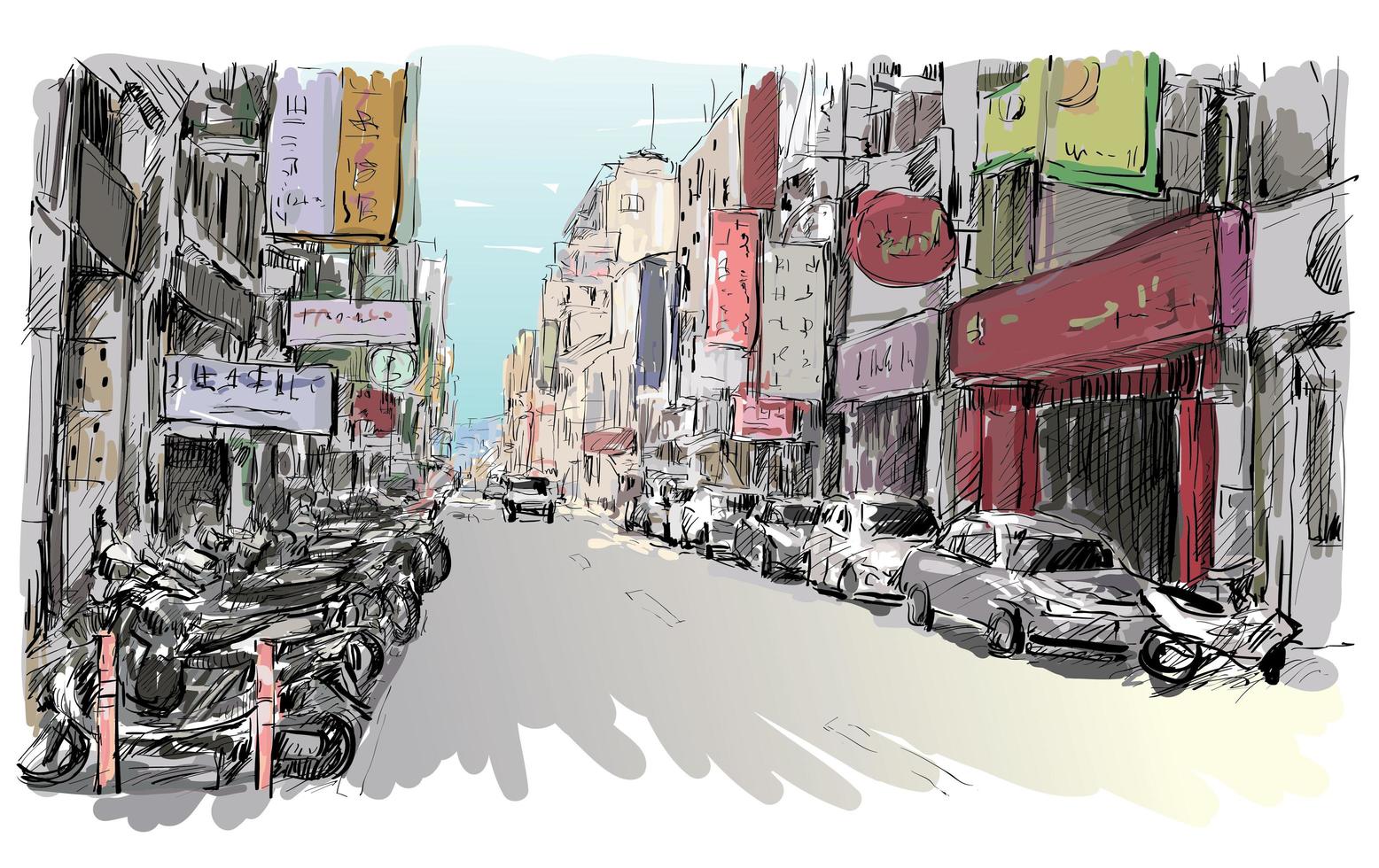 Croquis en couleur d'un paysage urbain asiatique vecteur