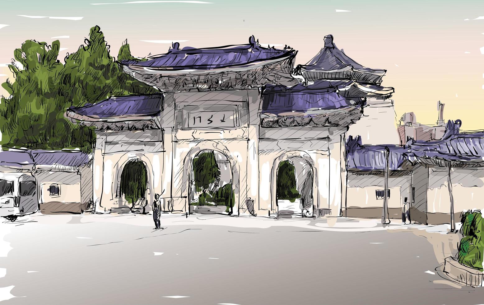 Croquis en couleur d'un paysage urbain asiatique vecteur