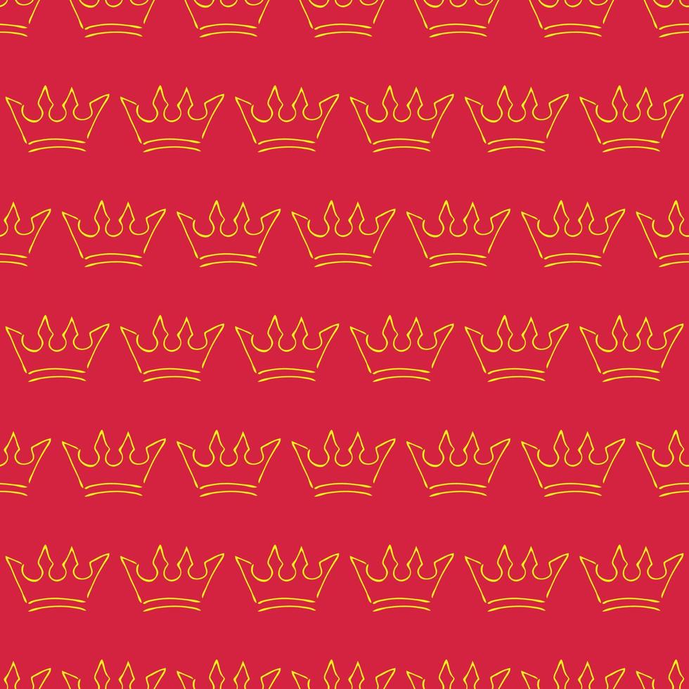 couronnes dessinées à la main. modèle sans couture de couronnes de reine ou de roi de croquis de graffiti simples. couronnement royal impérial et symboles du monarque. doodle pinceau jaune isolé sur fond rouge. illustration vectorielle. vecteur
