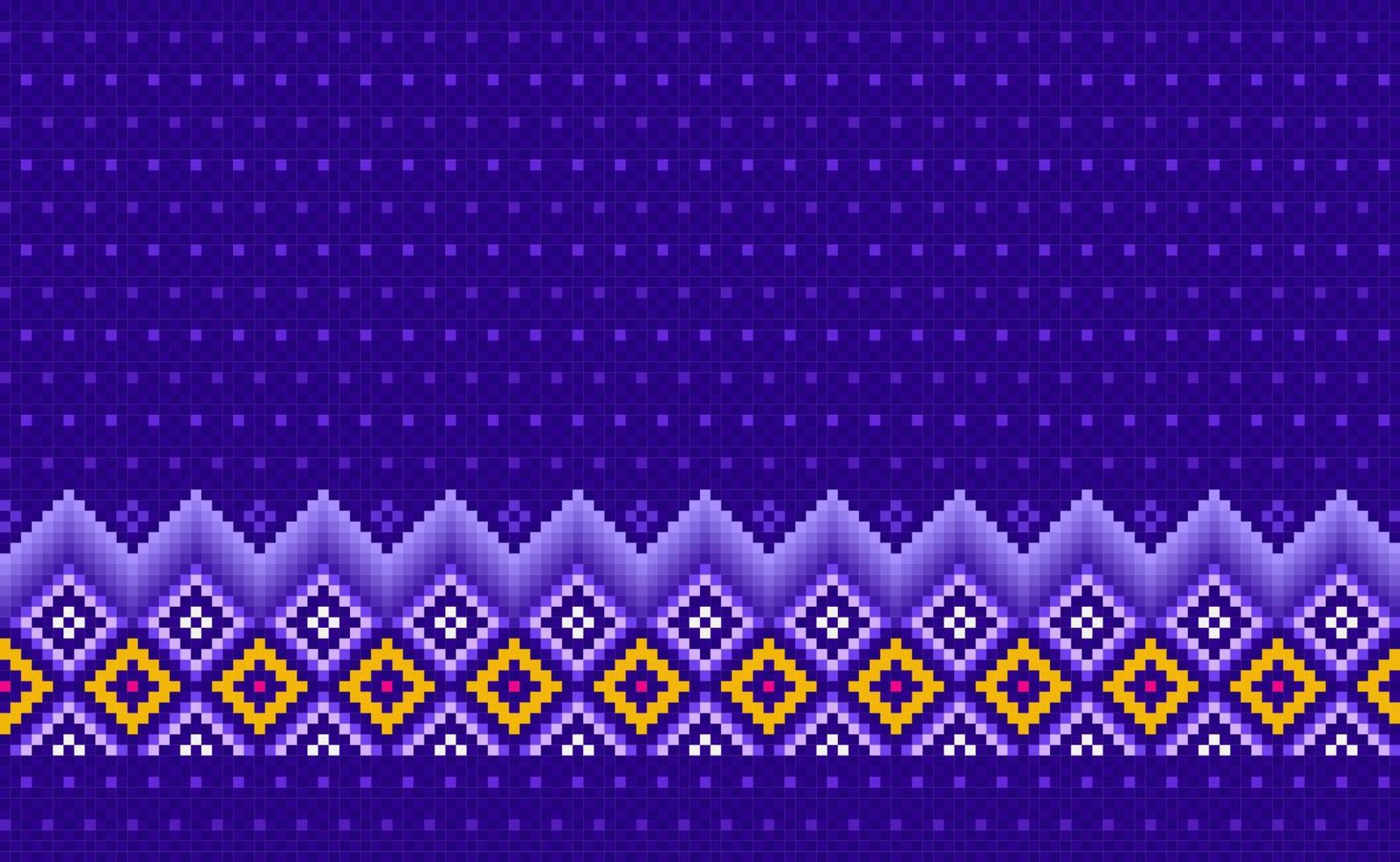 motif ethnique pixel, fond de broderie vectorielle, motif traditionnel en zigzag violet et jaune vecteur