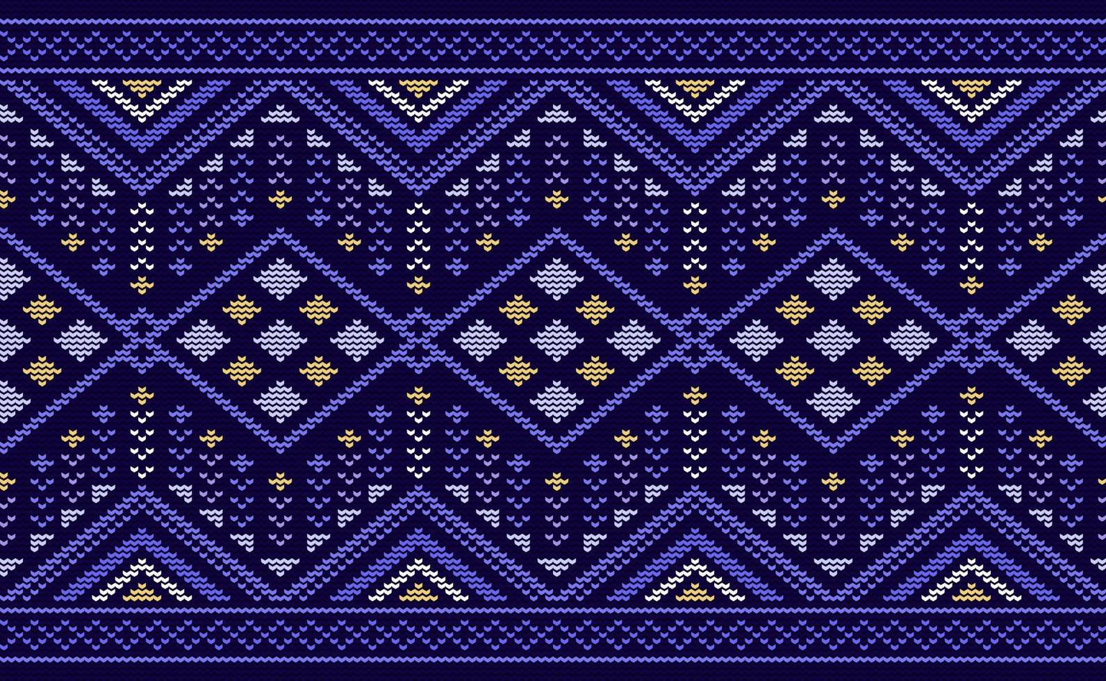 motif ethnique tricoté, fond orné de point de croix vectoriel, motif folklorique antique violet et jaune vecteur