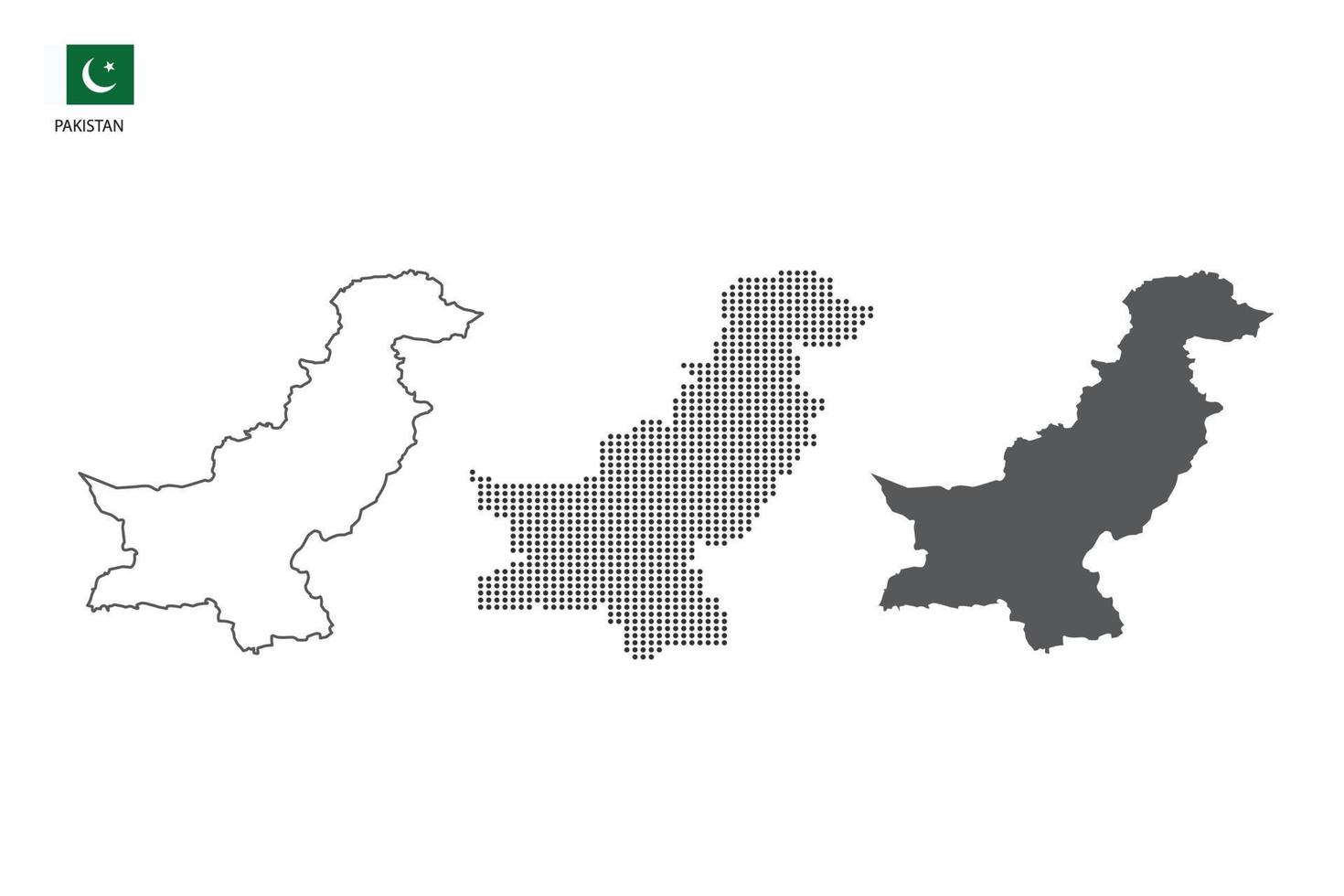 3 versions du vecteur de la ville de carte du Pakistan par un style de simplicité de contour noir fin, un style de point noir et un style d'ombre sombre. le tout sur fond blanc.