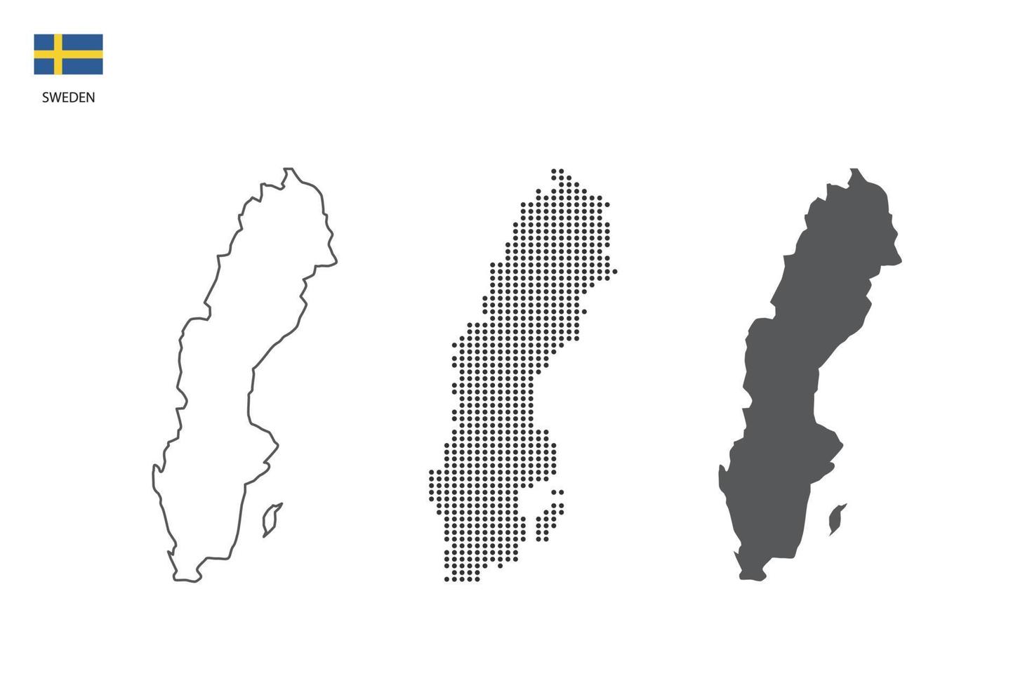 3 versions du vecteur de la ville de la carte de la suède par un style de simplicité de contour noir fin, un style de point noir et un style d'ombre sombre. le tout sur fond blanc.