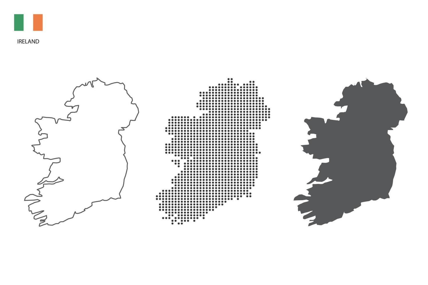 3 versions du vecteur de la ville de la carte de l'Irlande par un style de simplicité de contour noir fin, un style de point noir et un style d'ombre sombre. le tout sur fond blanc.