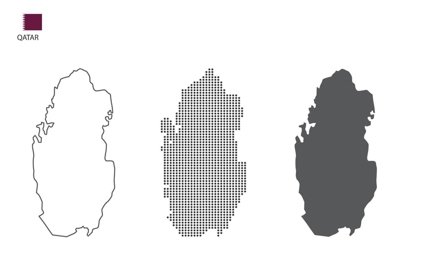 3 versions du vecteur de la ville de la carte qatar par un style de simplicité de contour noir fin, un style de point noir et un style d'ombre sombre. le tout sur fond blanc.