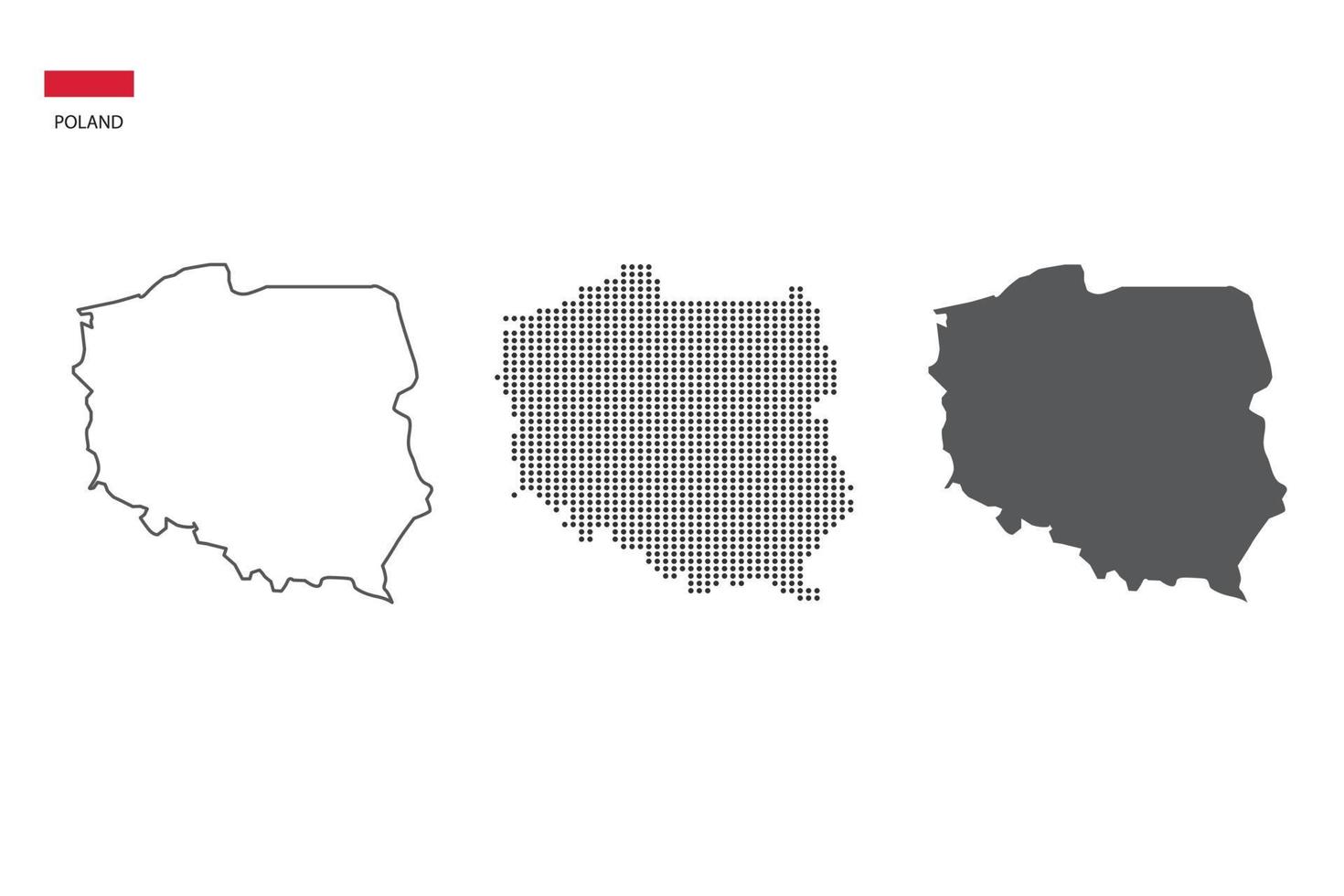 3 versions du vecteur de la carte de la Pologne par un style de simplicité de contour noir fin, un style de point noir et un style d'ombre sombre. le tout sur fond blanc.