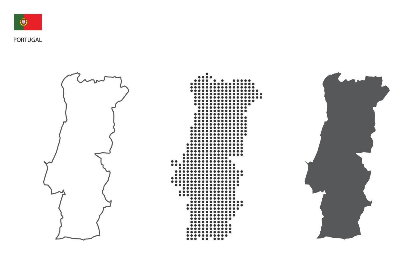 3 versions du vecteur de la ville de carte du portugal par un style de simplicité de contour noir fin, un style de point noir et un style d'ombre sombre. le tout sur fond blanc.