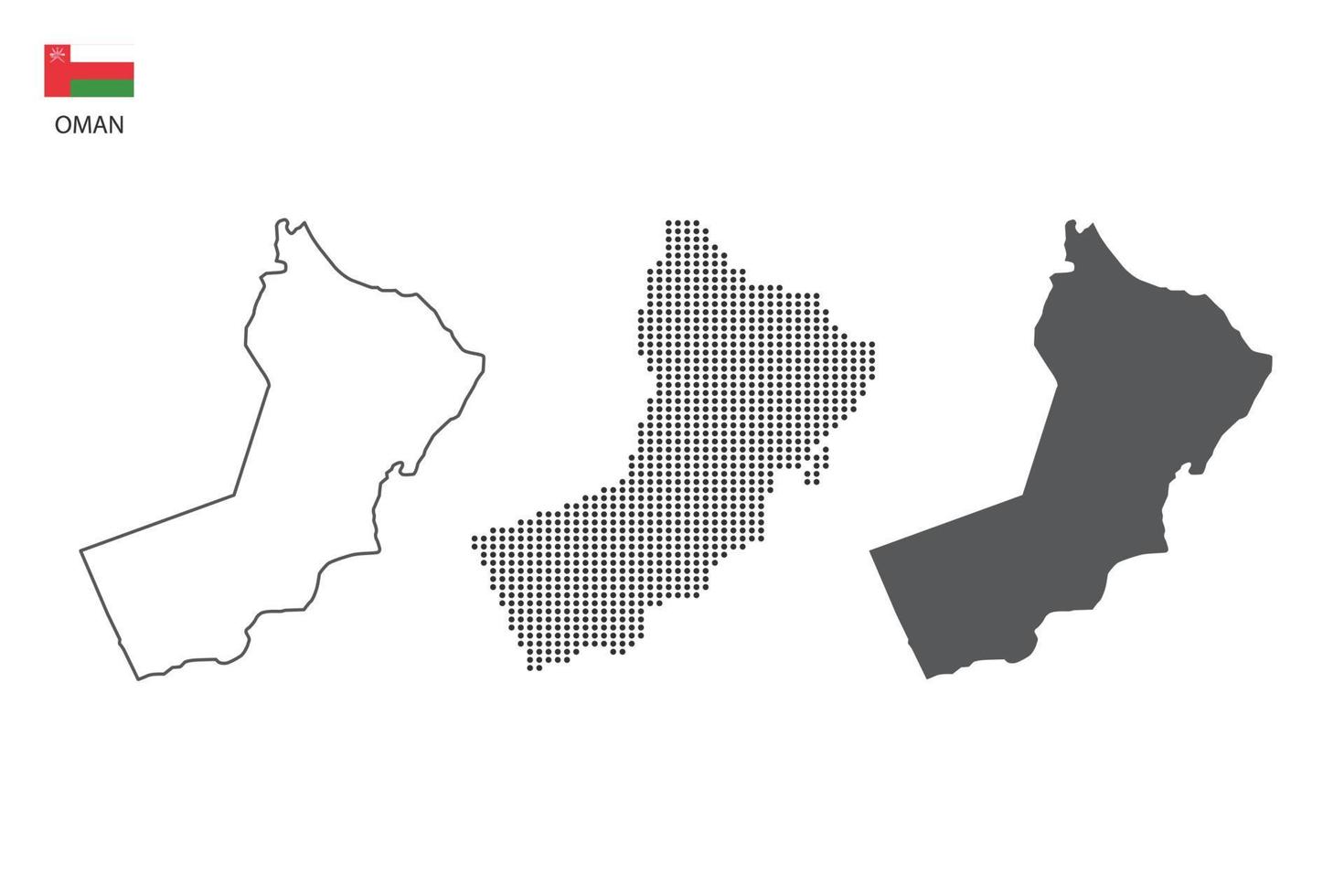 3 versions du vecteur de la ville de carte d'Oman par un style de simplicité de contour noir fin, un style de point noir et un style d'ombre sombre. le tout sur fond blanc.