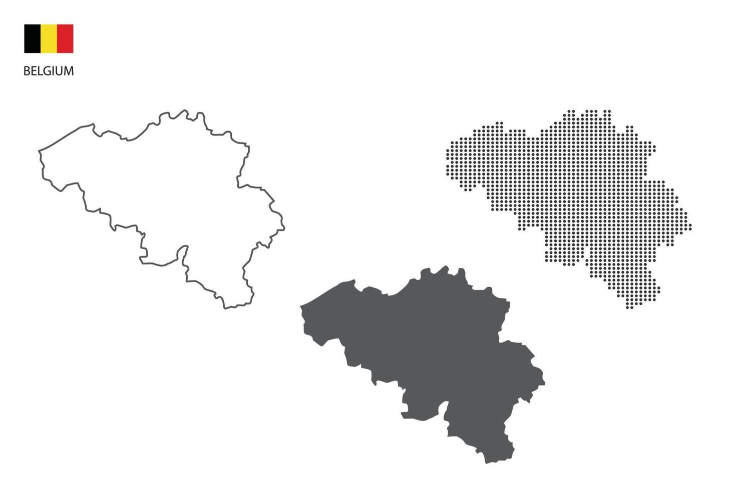 3 versions du vecteur de la ville de la carte belge par un style de simplicité de contour noir fin, un style de point noir et un style d'ombre sombre. le tout sur fond blanc.