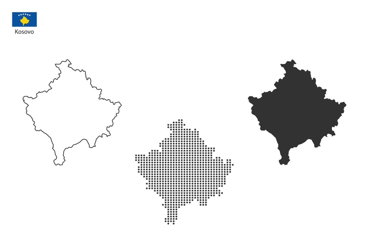 3 versions du vecteur de la ville de la carte du kosovo par un style de simplicité de contour noir fin, un style de point noir et un style d'ombre sombre. le tout sur fond blanc.