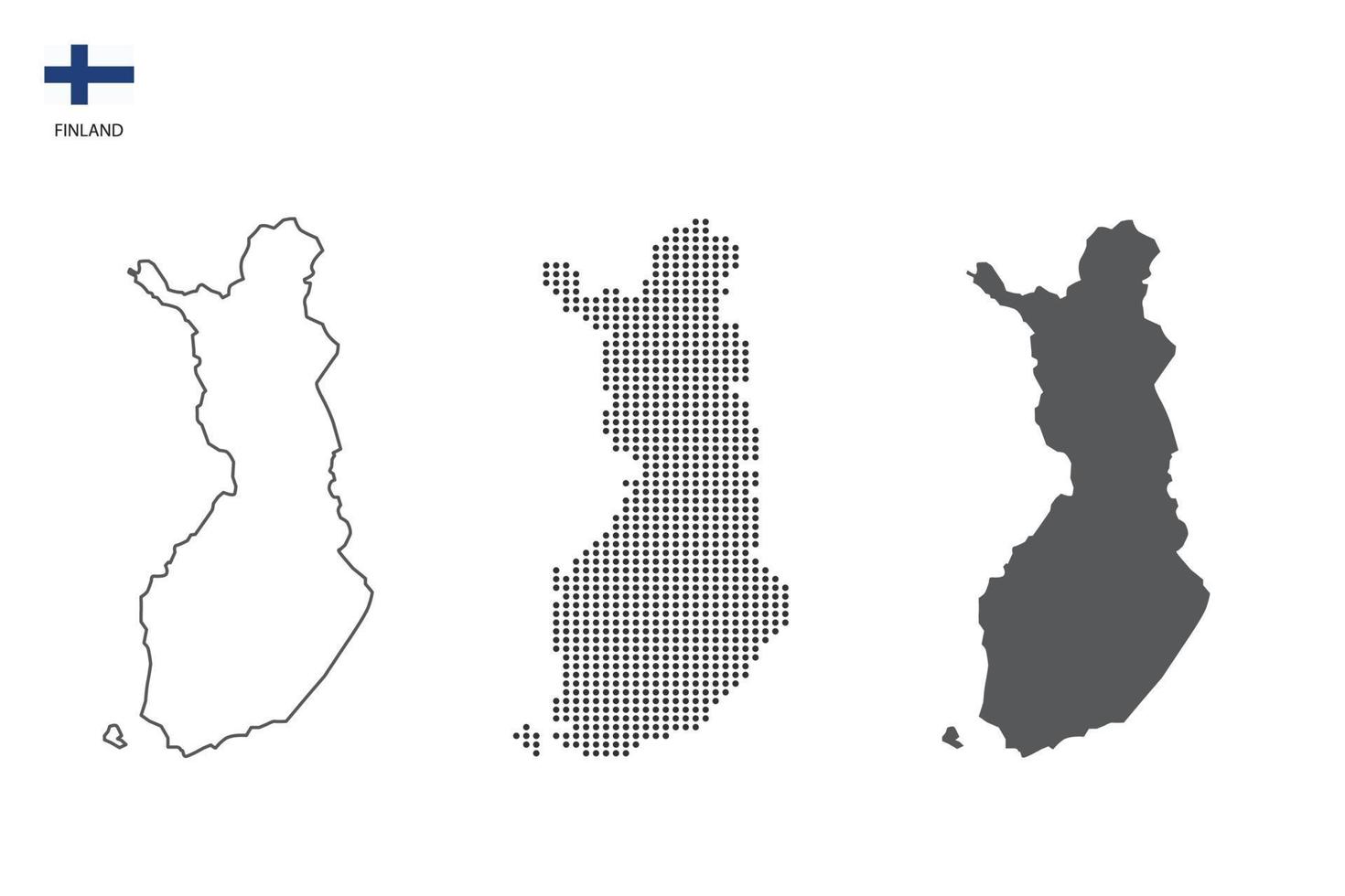 3 versions du vecteur de la ville de la carte de la Finlande par un style de simplicité de contour noir fin, un style de point noir et un style d'ombre sombre. le tout sur fond blanc.