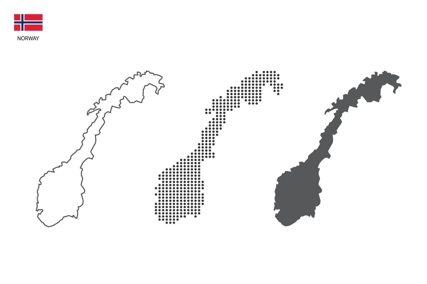 3 versions du vecteur de la carte de la norvège par un style de simplicité de contour noir fin, un style de point noir et un style d'ombre sombre. le tout sur fond blanc.