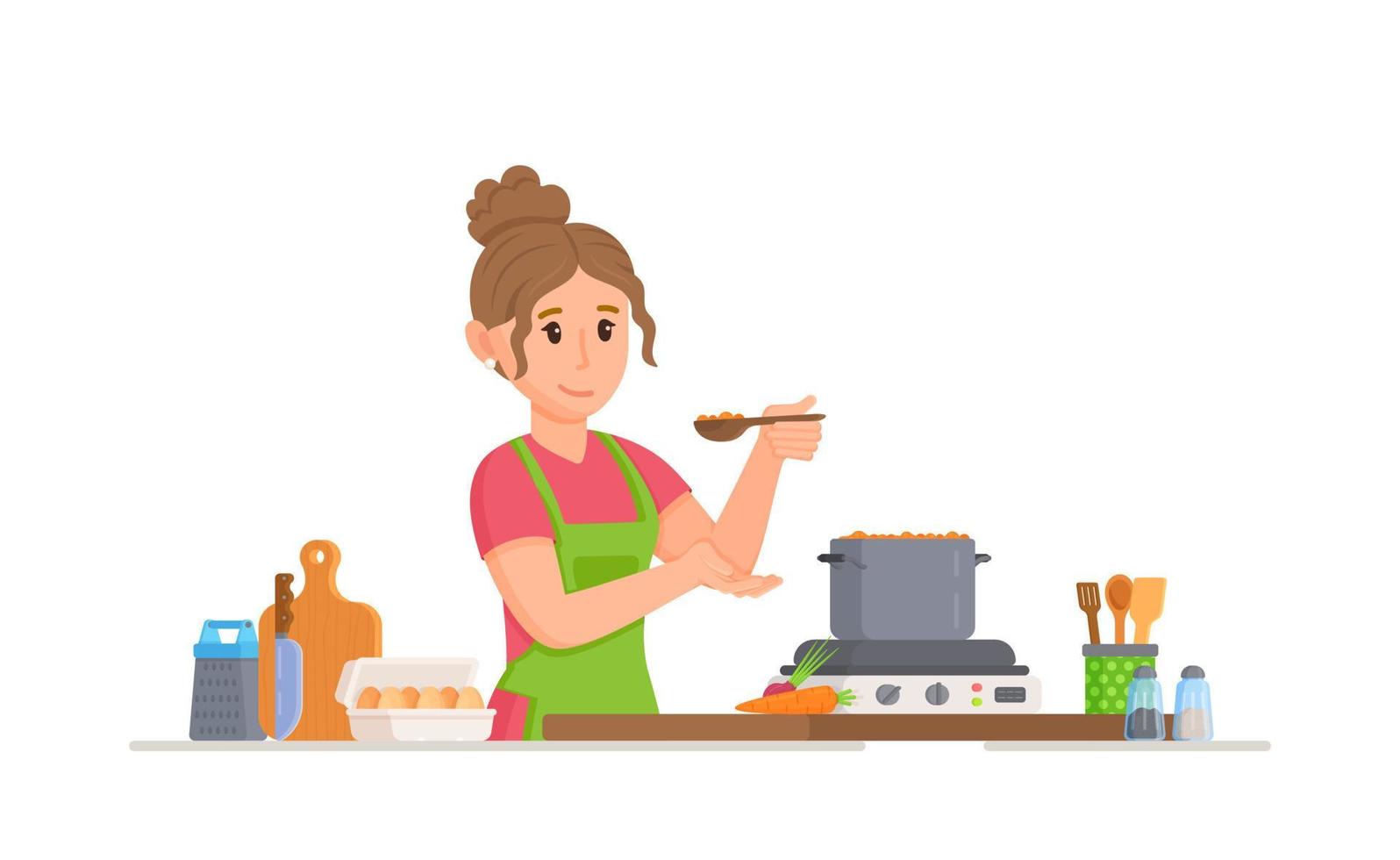 une fille fait de la soupe dans une marmite. illustration vectorielle de cuisinier de femme au foyer. nourrir les enfants. nourriture délicieuse. femme au foyer. femmes au foyer. vecteur