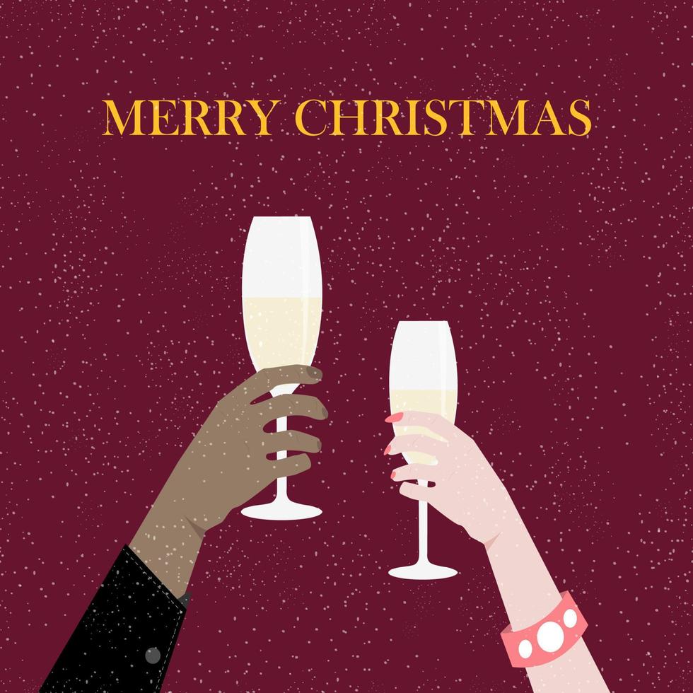 célébrer avec le concept champagne et acclamations. mains humaines de couple tintant des verres avec du vin mousseux célébrant sous l'illustration vectorielle snowholiday vecteur