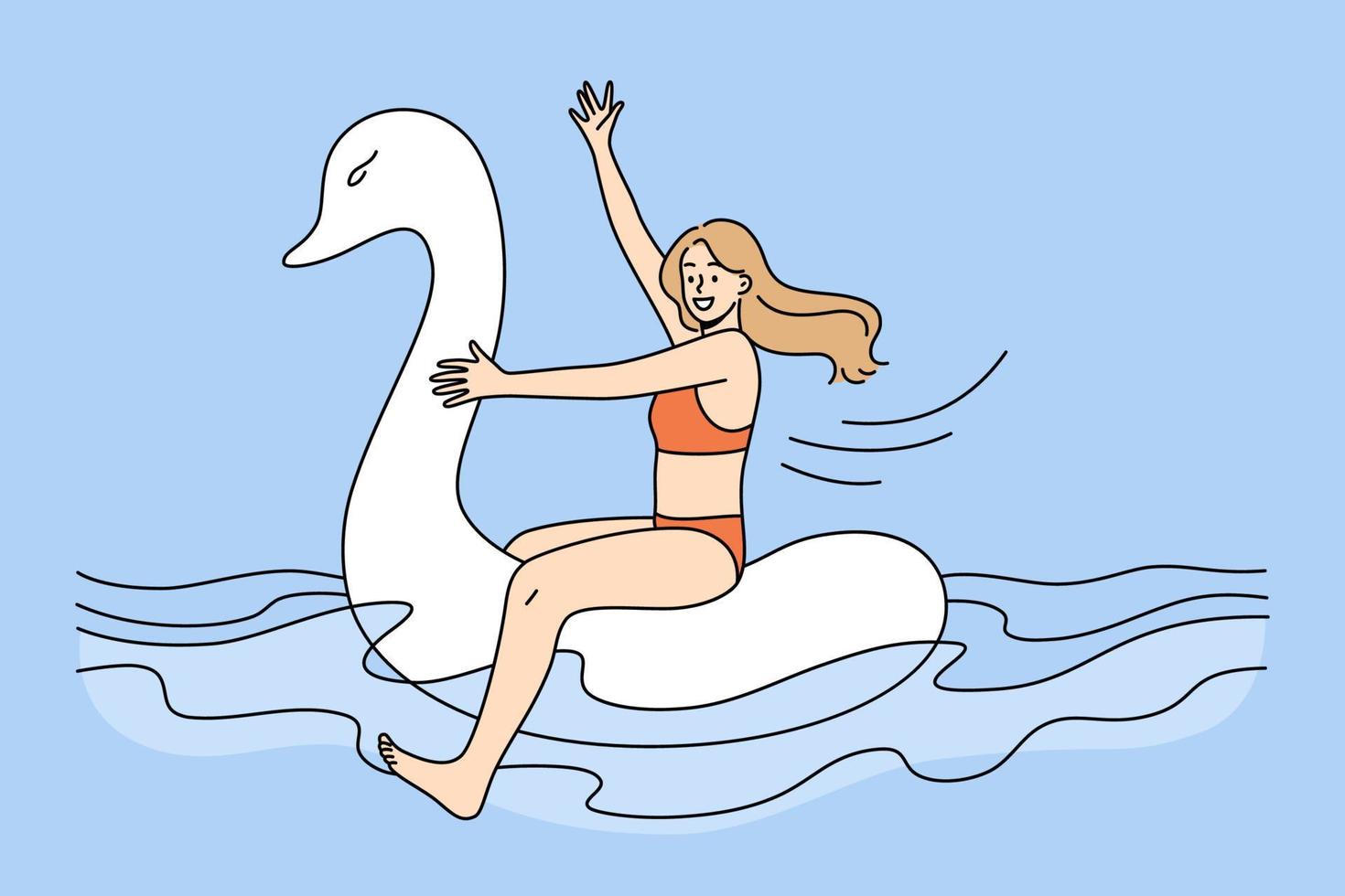 drôle de fille heureuse en maillot de bain flottant sur un cygne en caoutchouc en mer pendant les vacances d'été. une jeune femme souriante en bikini s'amuse à nager sur un anneau gonflable en vacances. illustration vectorielle. vecteur