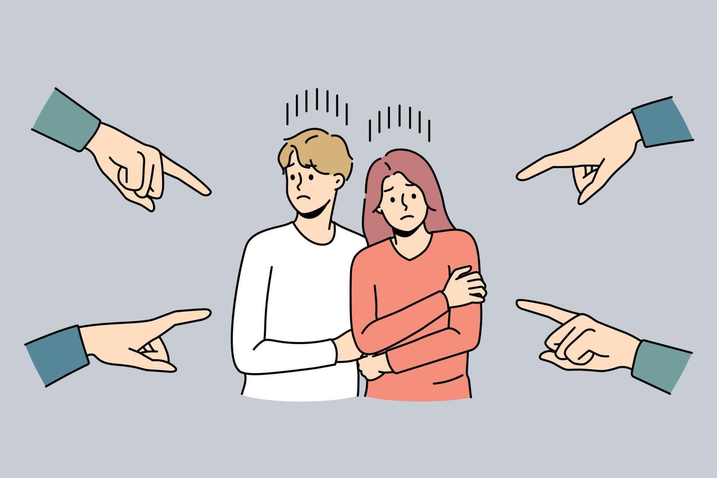 de nombreuses mains pointant vers un couple malheureux effrayé se sentant mal à cause du blâme et de la culpabilité. la société fait honte au jeune homme et à la femme pour leurs relations. discrimination. illustration vectorielle. vecteur