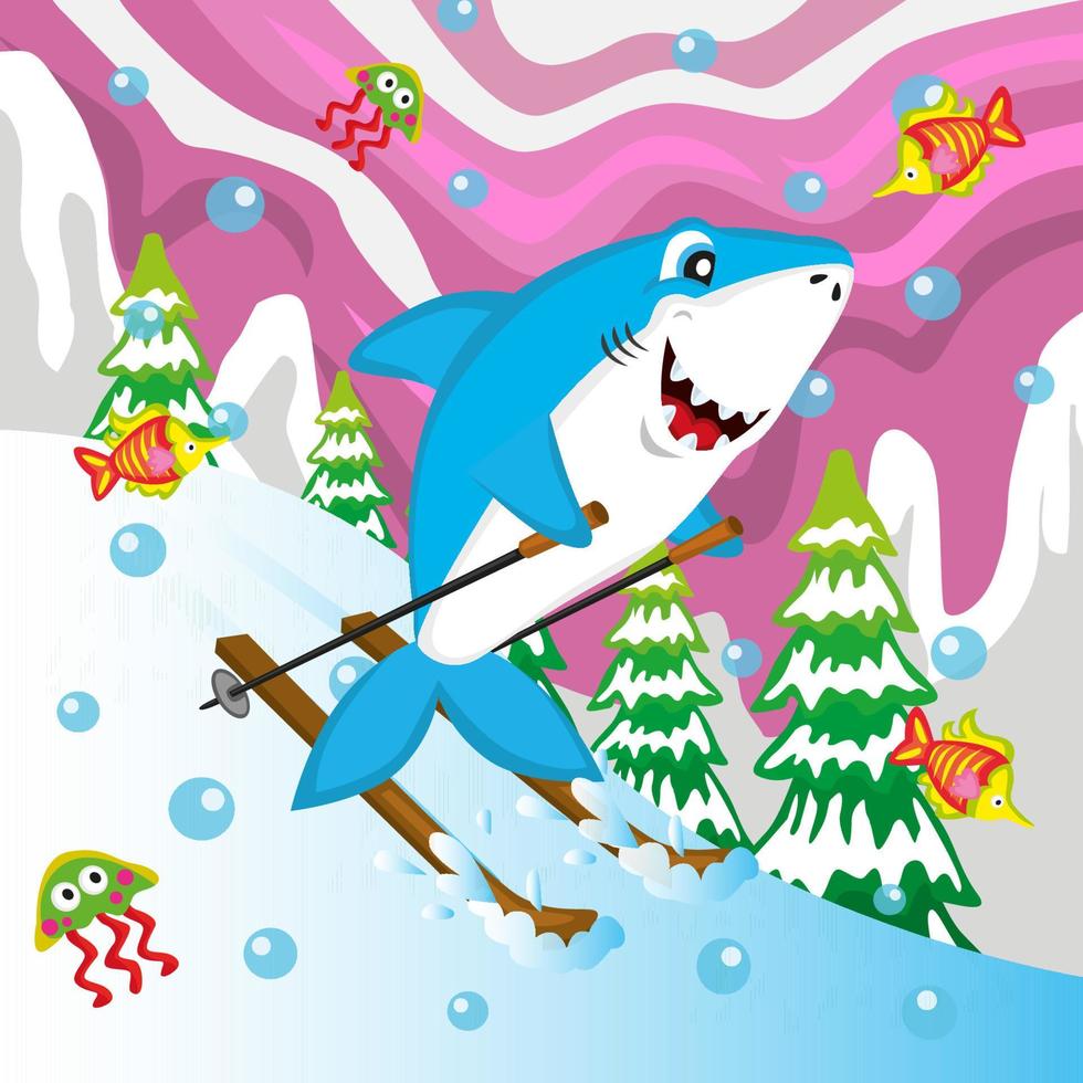 requin mignon skiant sur les montagnes enneigées, image vectorielle, modifiable, idéal pour les bandes dessinées, les illustrations, les livres à colorier, les autocollants, les affiches, les sites Web, l'impression, les t-shirts et plus encore vecteur