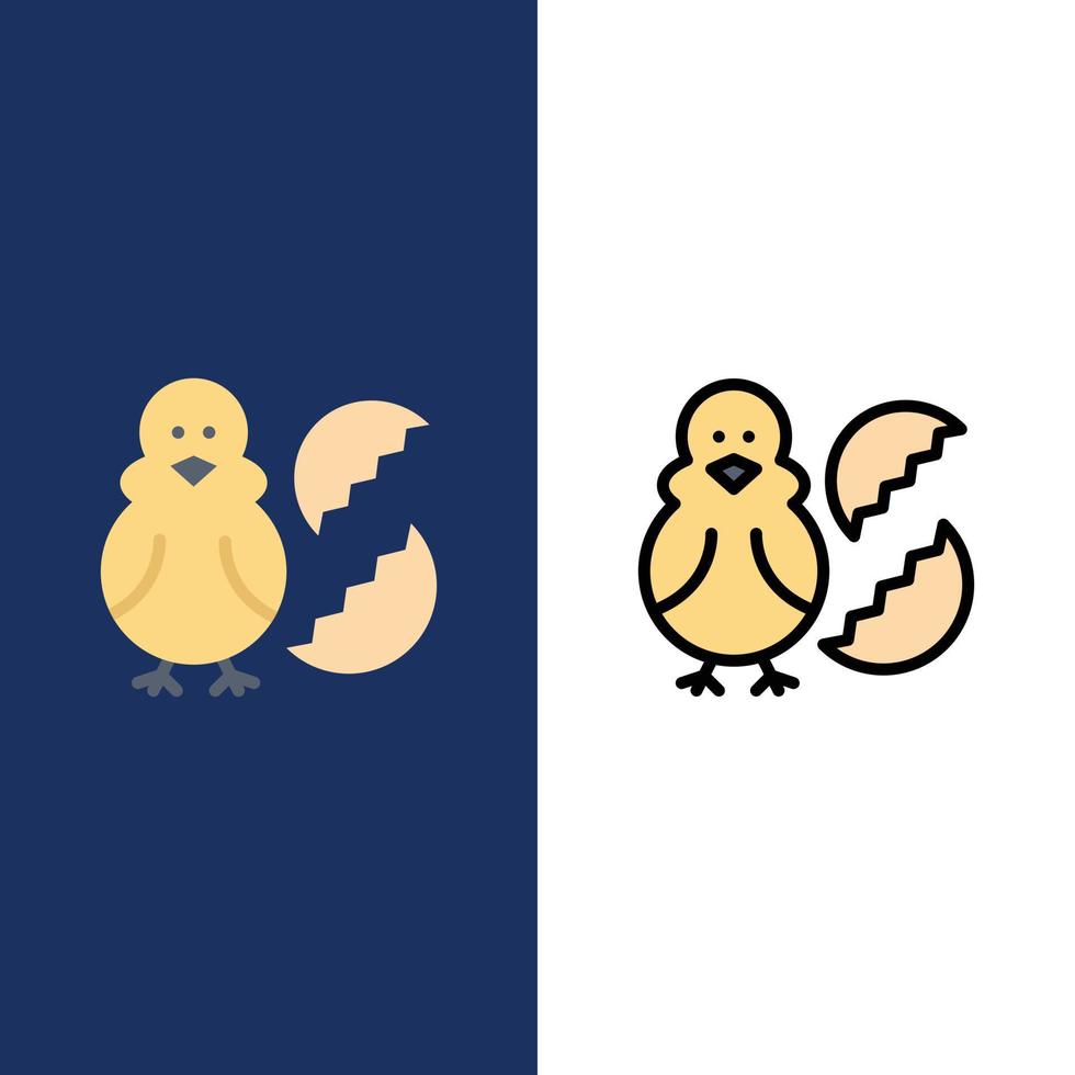 oeuf poulet pâques bébé heureux icônes plat et ligne remplie icône ensemble vecteur fond bleu