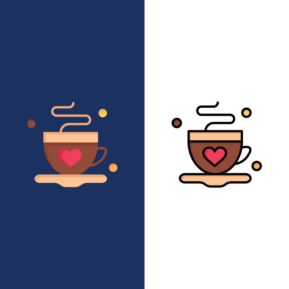 tasse café thé amour icônes plat et ligne remplie icône ensemble vecteur fond bleu